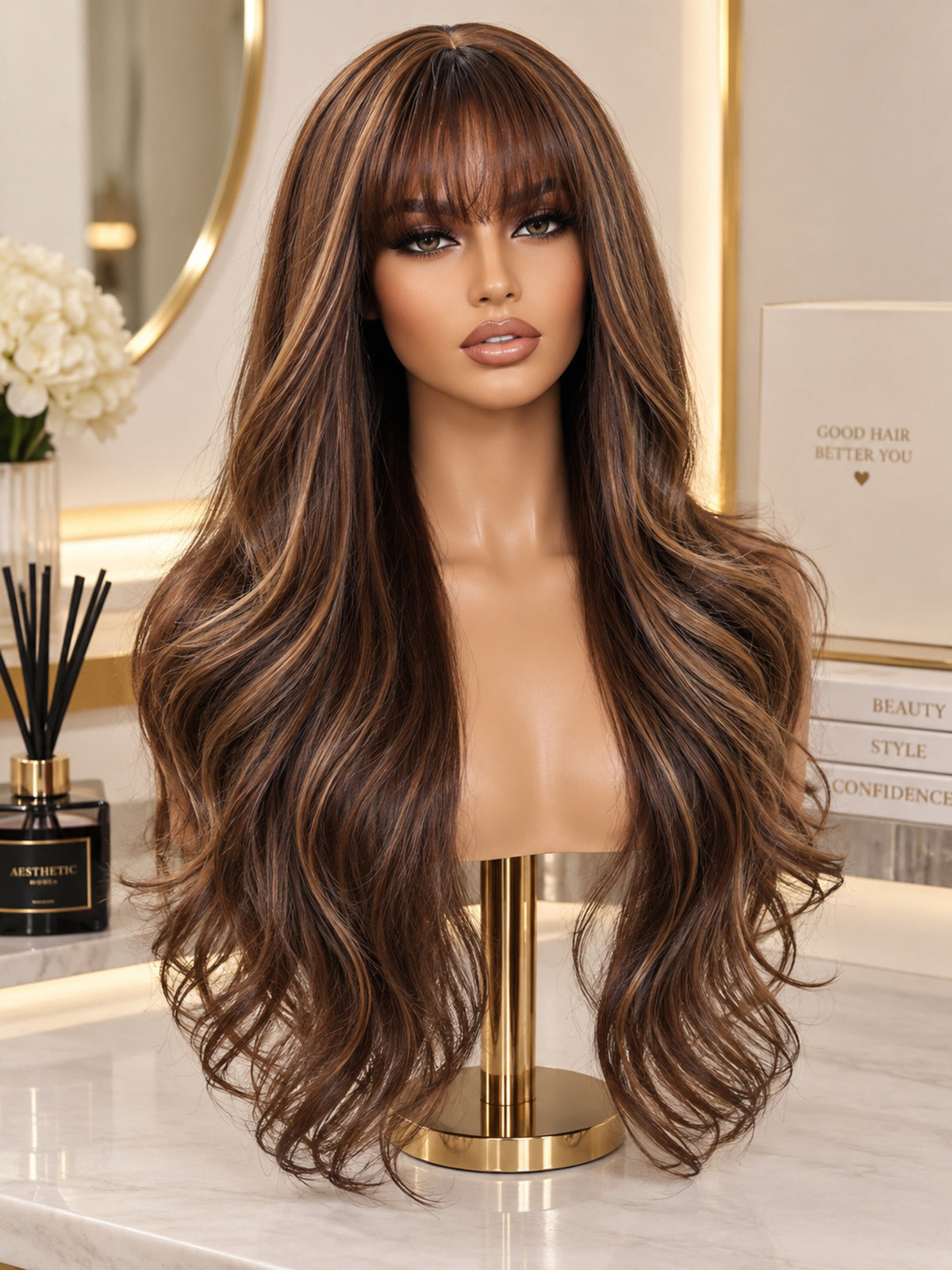 Long Chocolate Brown Wavy Wig with Bangs & Highlights Synthetic Blend