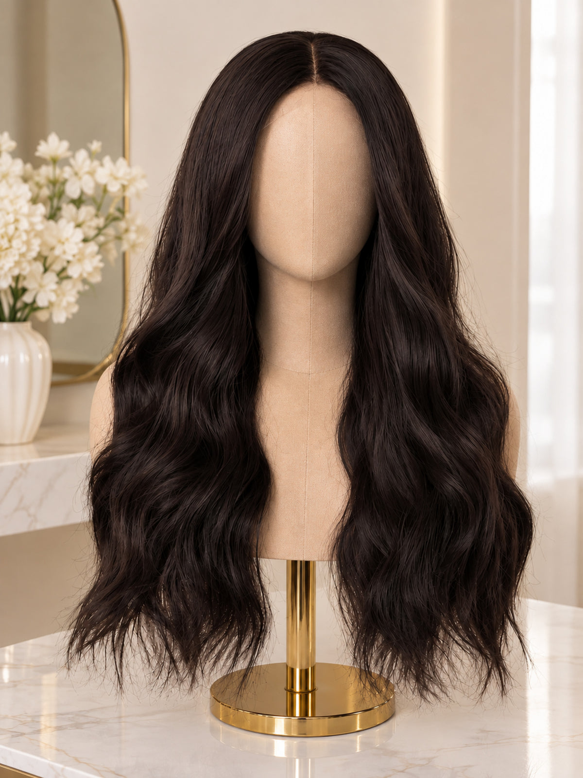Long Natural Brown Wavy Synthetic Blend Wig