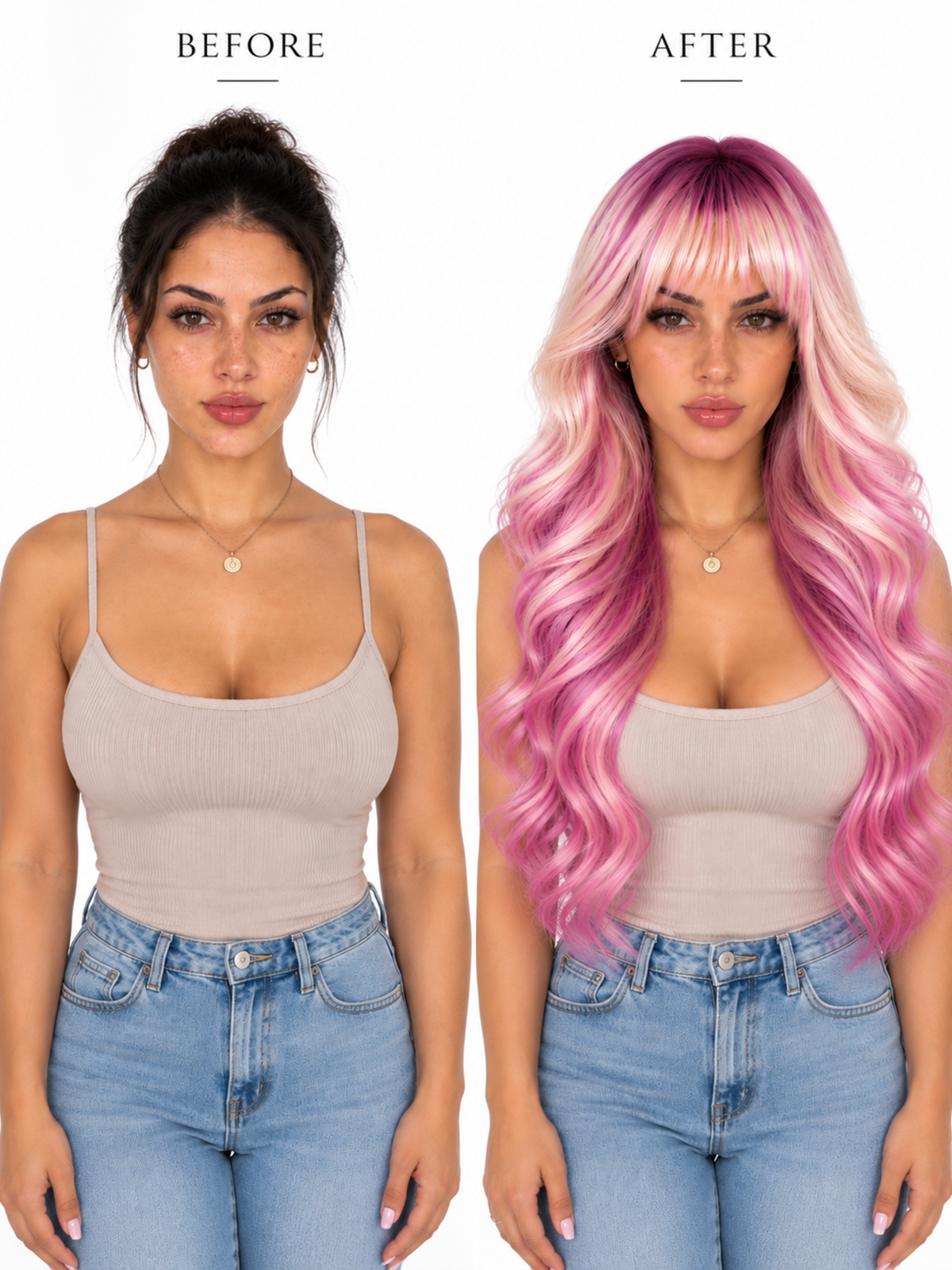 Blonde-to-pink ombre wavy wig with fringe bangs, long curled style