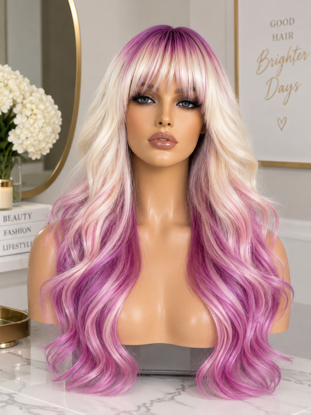 Blonde-to-pink ombre wavy wig with thick fringe bangs, synthetic blend