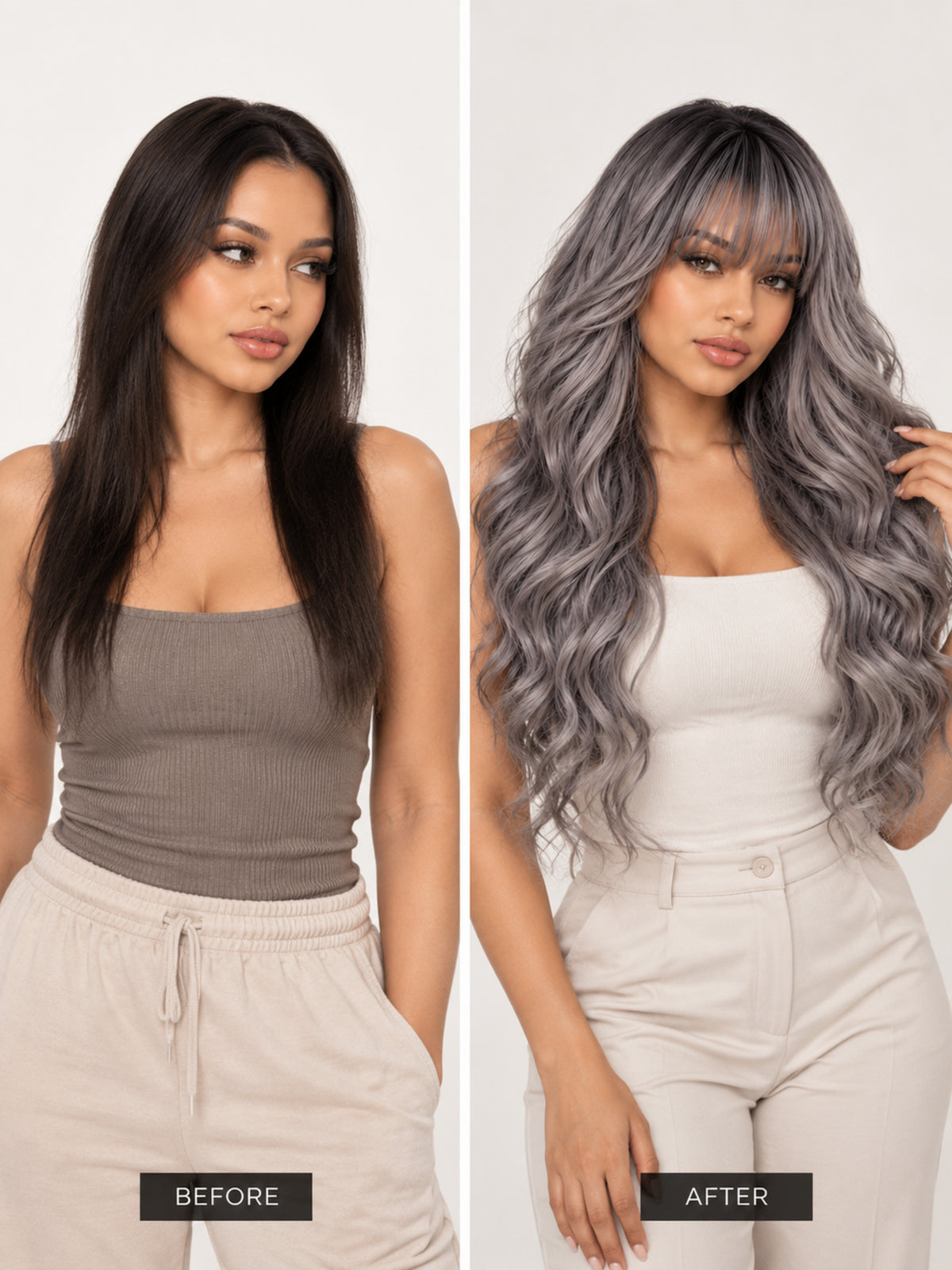 Long Silver Gray Wavy Synthetic Blend Wig with Bangs