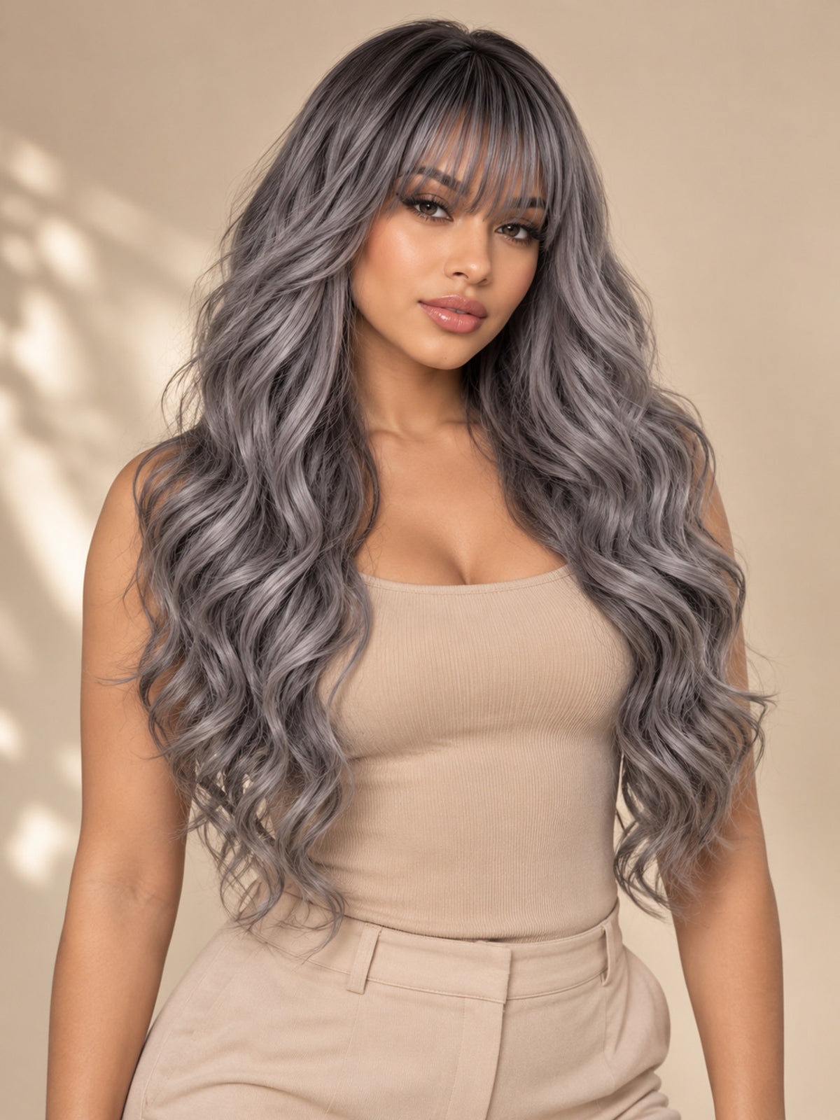Long Silver Gray Wavy Synthetic Blend Wig with Bangs