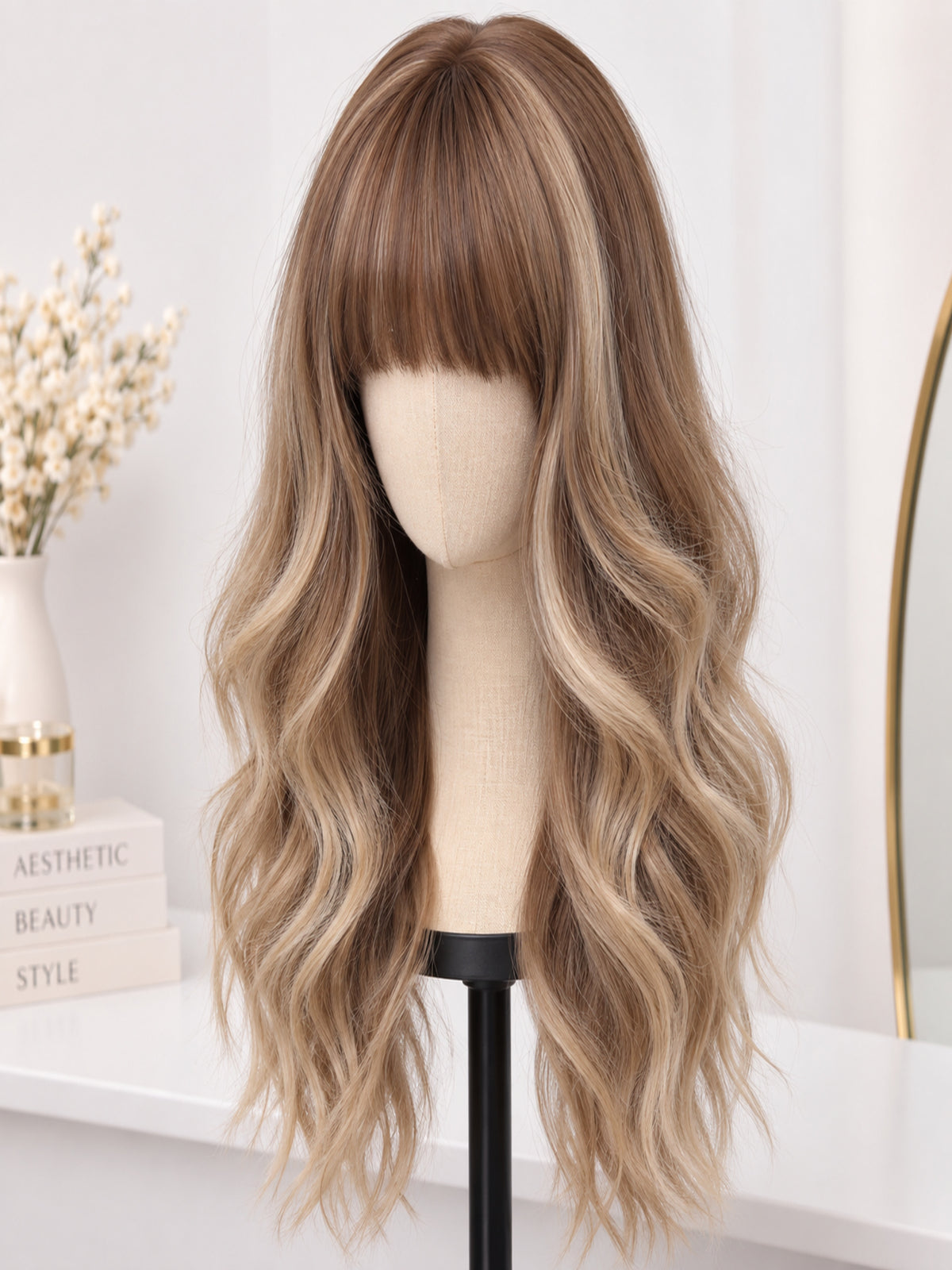 Strawberry blonde long curly wig with fringe bangs, full wavy hair down