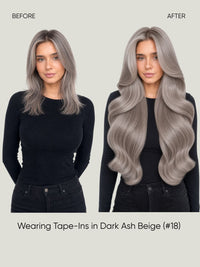 Straight tape-in hair extensions in dark ash beige, long wavy hair look