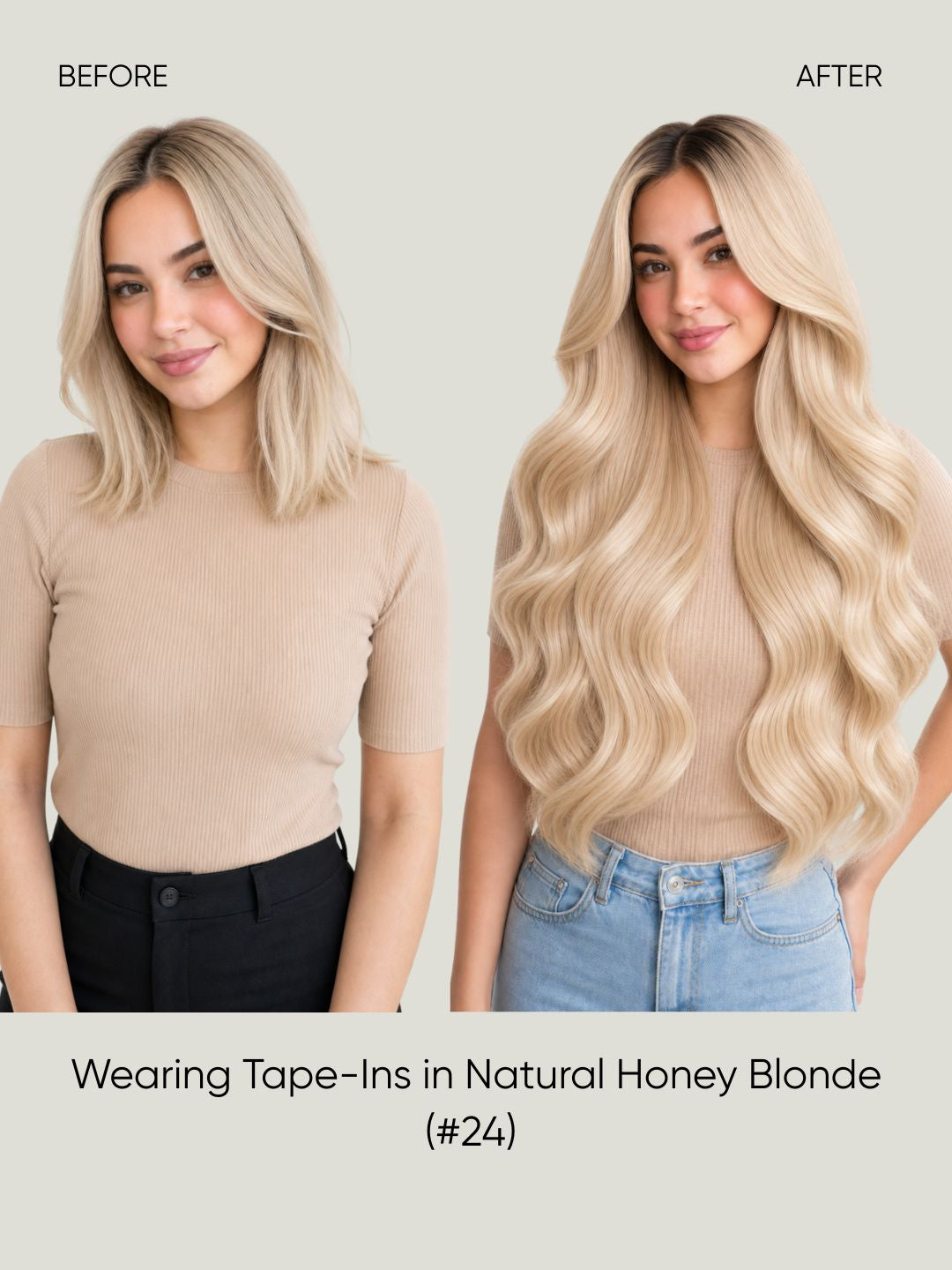 Straight tape-in extensions with long natural honey blonde waves and side volume.
