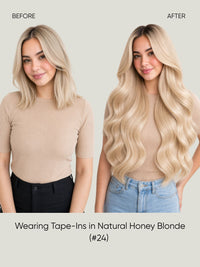 Straight tape-in extensions with long natural honey blonde waves and side volume.