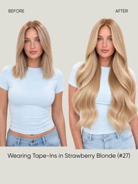 Straight tape-in extensions with long wavy hair in strawberry blonde (#27).