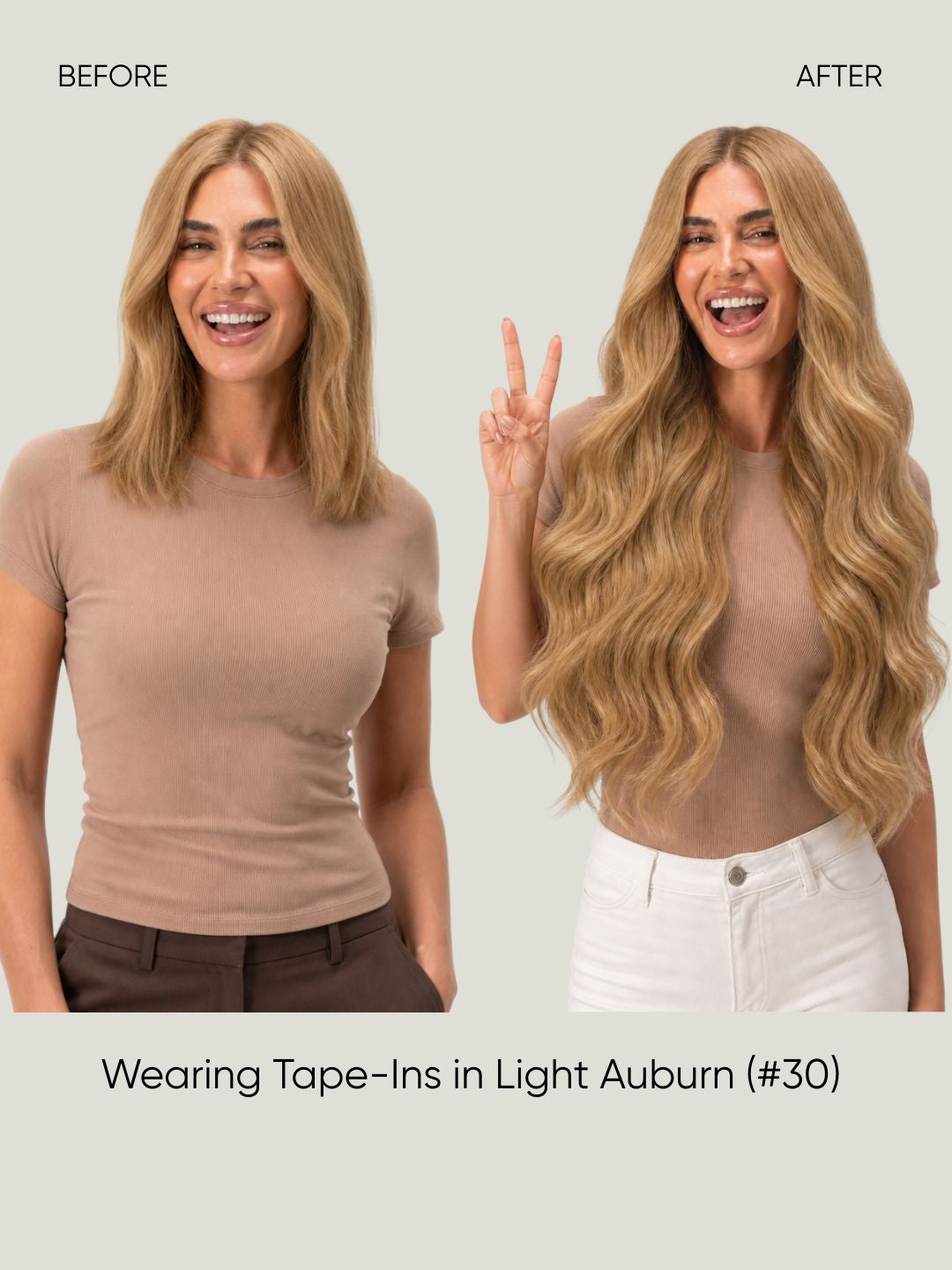 Straight tape-in extensions, long wavy hair in light auburn (#30).