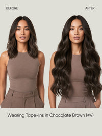 Tape-in hair extensions in chocolate brown, long soft waves with natural volume