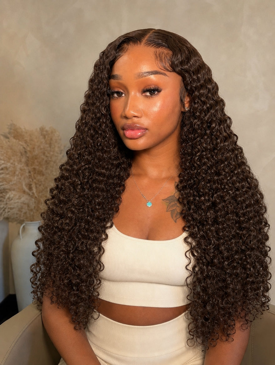 Curly tape-in extensions in deep black, long tight curls with full volume.