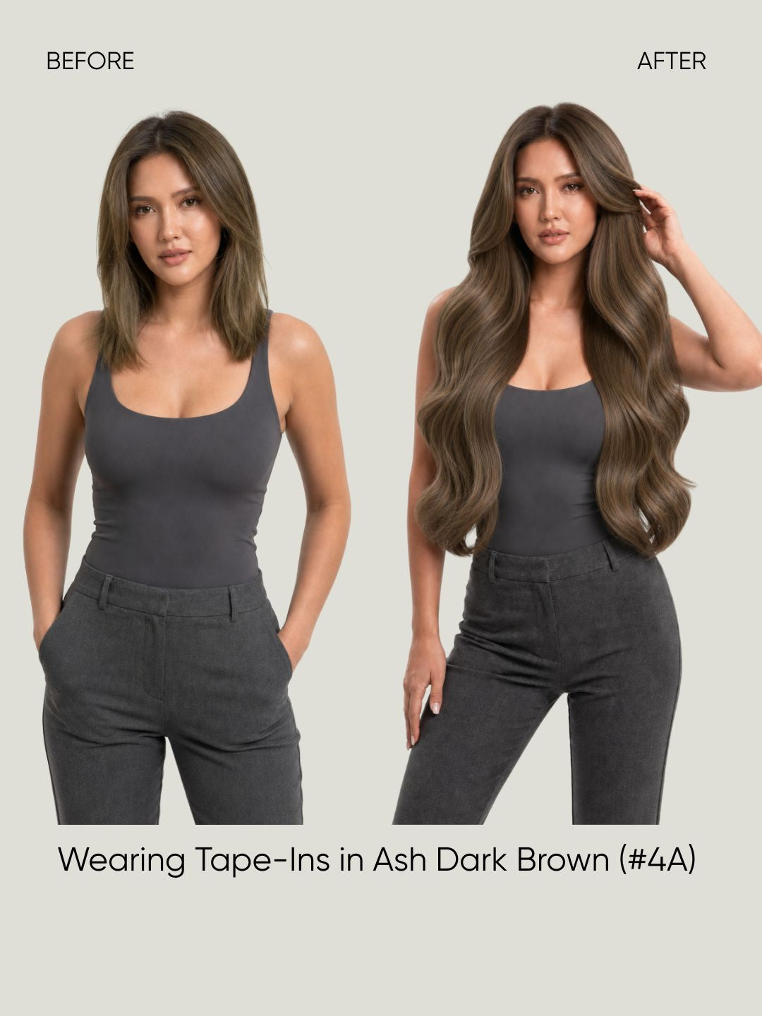 Tape-in hair extensions in ash dark brown, long loose waves with side part