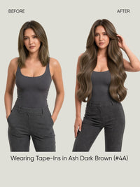 Tape-in hair extensions in ash dark brown, long loose waves with side part