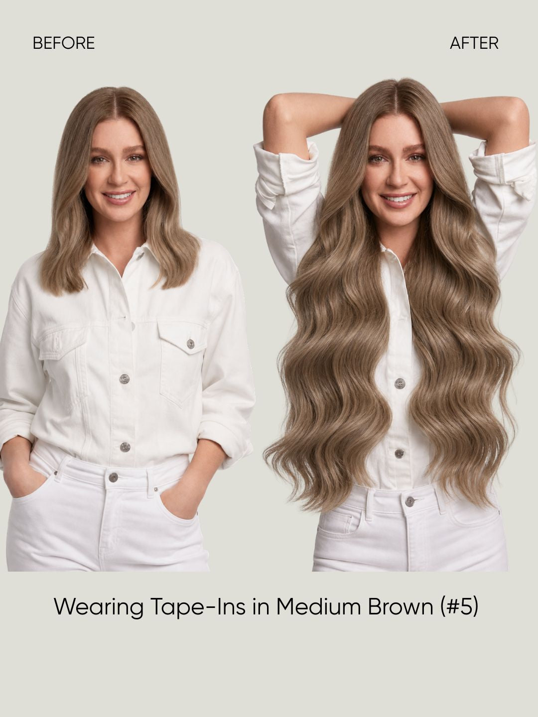 Straight tape-in extensions with long waves in medium brown (#5).