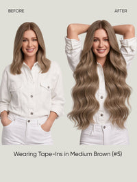 Straight tape-in extensions with long waves in medium brown (#5).