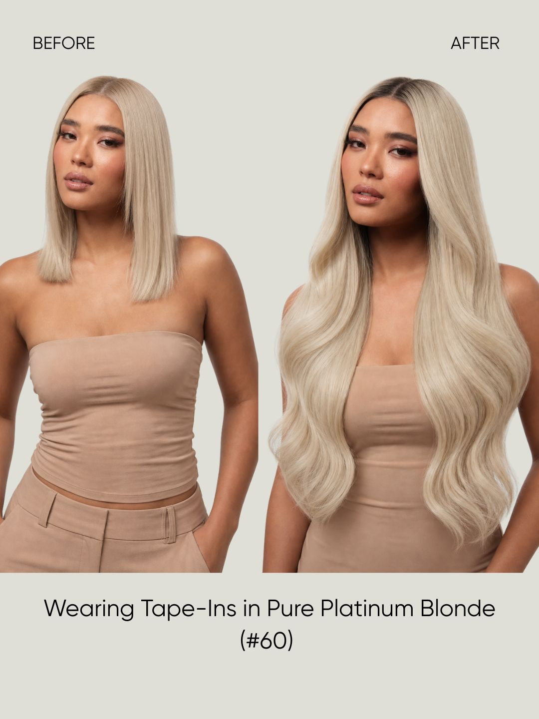 Straight tape-in hair extensions in pure platinum blonde, long silky waves