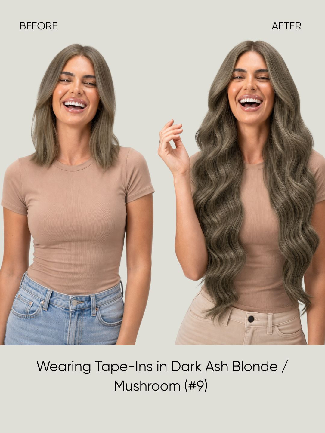 Straight tape-in extensions with dark ash blonde waves and mushroom shade ends.