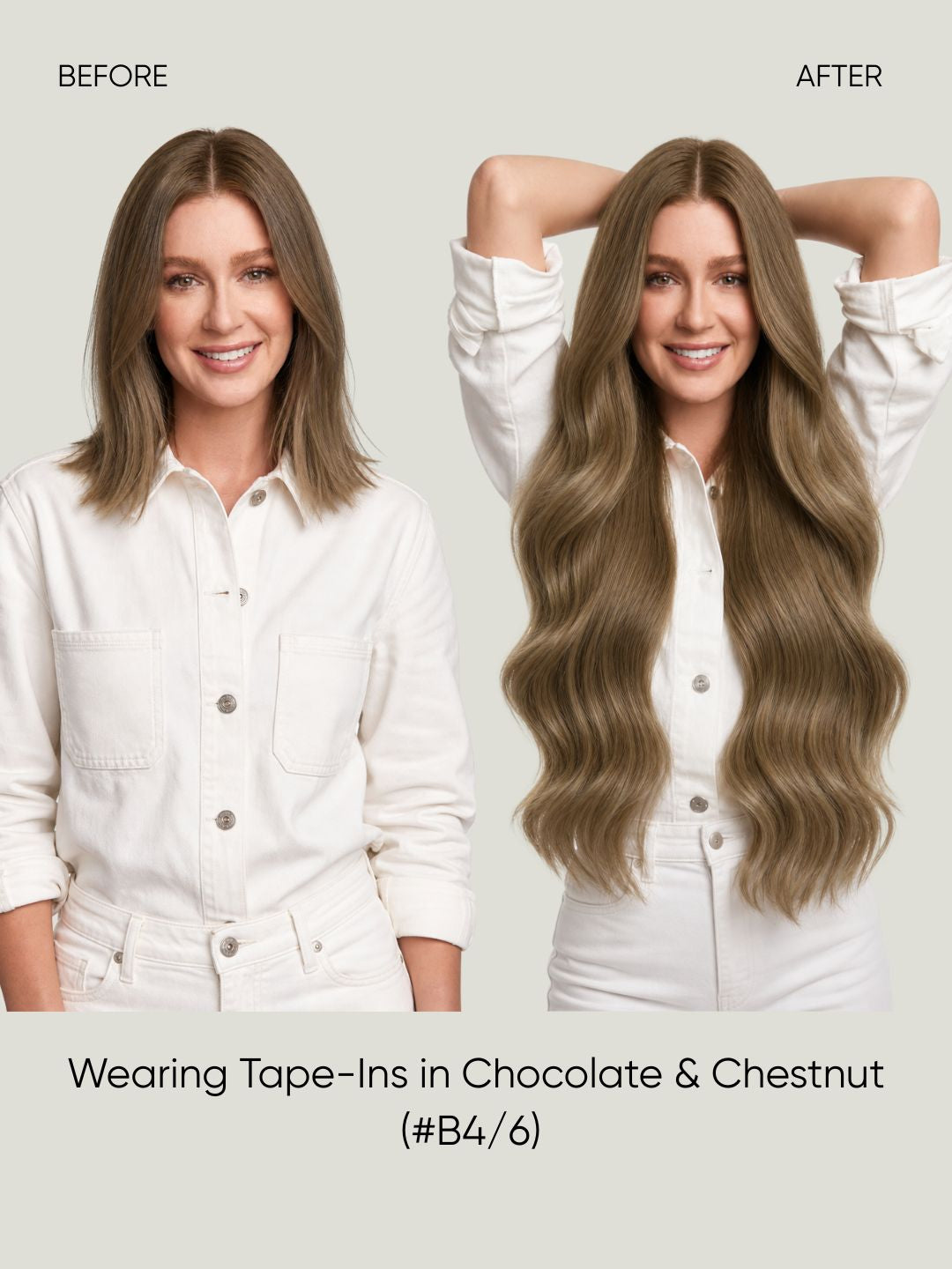 Straight tape-in hair extensions in chocolate and chestnut, long wavy hair