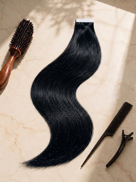 Black straight tape-in hair extensions with comb and clips, one weft