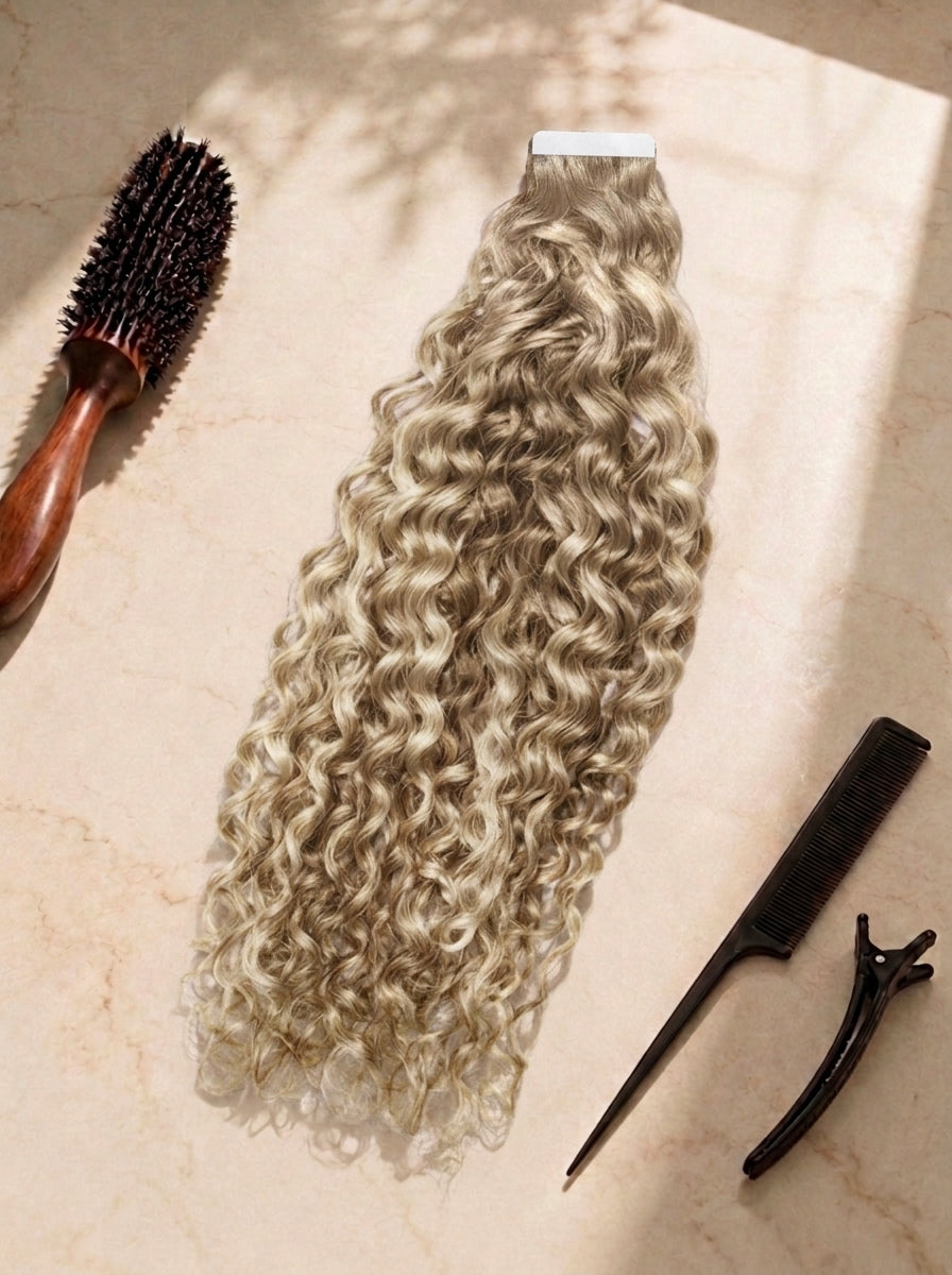 Curly tape-in hair extensions in pale blonde, springy ringlet curls with adhesive strip.