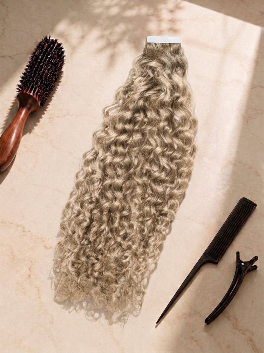 Curly tape-in hair extensions in sandy blonde, full ringlet curls with adhesive strip.