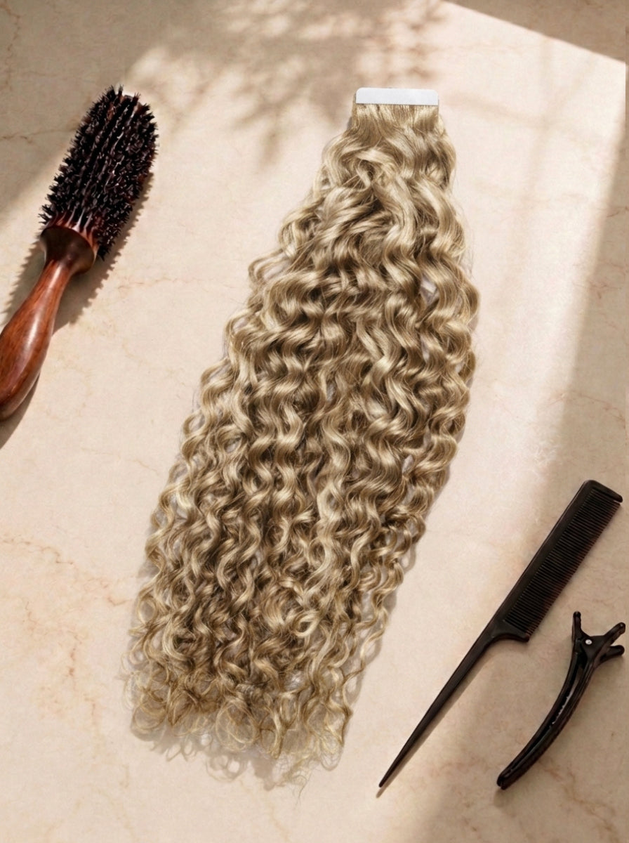 Curly tape-in extensions, long blonde curls with tape weft and attachment clips