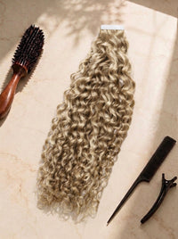 Curly tape-in extensions, long blonde curls with tape weft and attachment clips