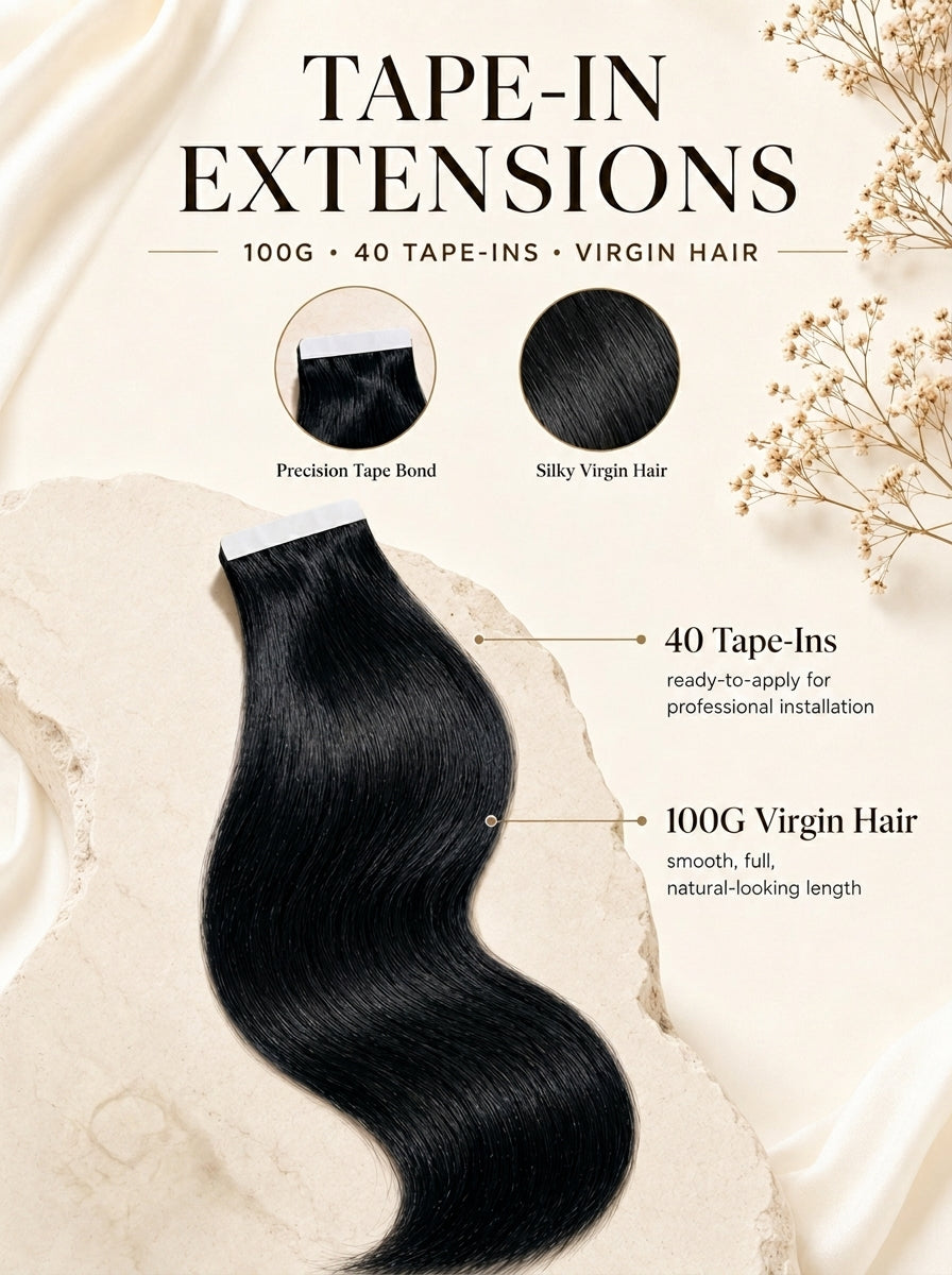 Black tape-in extensions hair swatch with attached precision tape tabs, close-up.