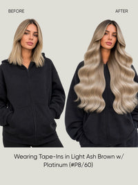 Straight tape-in hair extensions in light ash brown with platinum, long waves