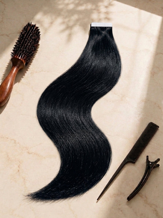 Straight tape-in hair extension, long straight dark black weft with tape tabs and clips