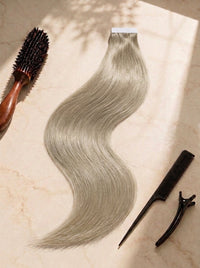 Straight tape-in hair extension, long straight light ash-blonde weft with tape tabs and clips