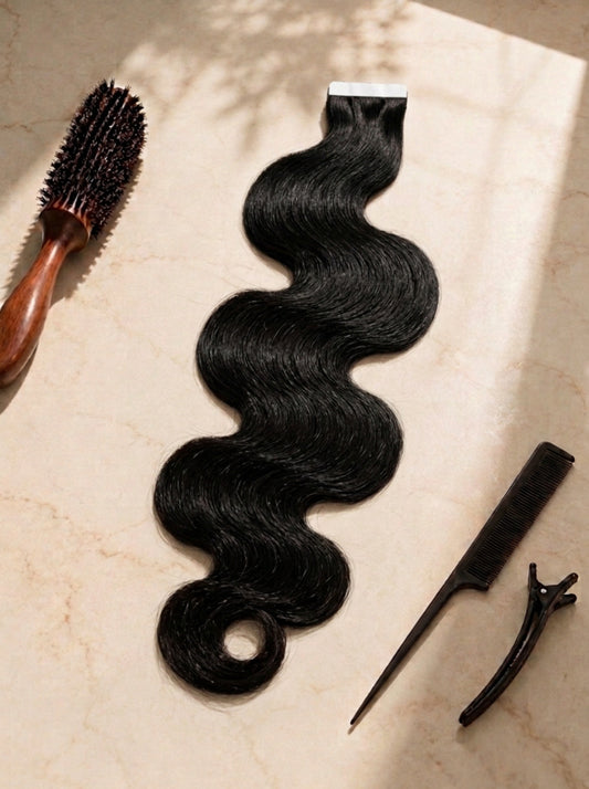 Body wave tape-in hair extension weft, dark wavy hair with tape strip attached