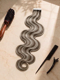 Body wave tape-in hair extension, silver gray wavy hair with tape strip at top