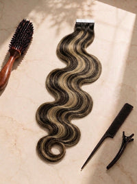 Body wave tape-in hair extension, dark brown wavy hair with tape strip at top