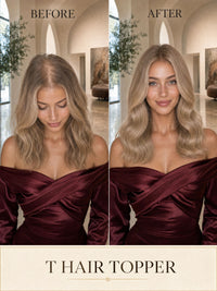 Blonde hair topper worn, styled in loose waves on a model with a burgundy dress.