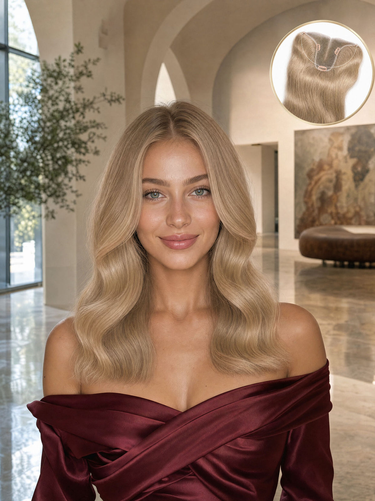 Light blonde hair topper with long loose waves on a model