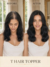 Hair topper on model with shoulder-length dark wavy hair, smooth natural blend.