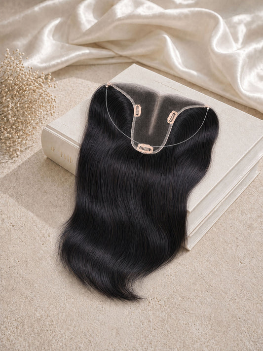 Hair topper bundle with dark, straight-to-wavy hair and metal clip hardware on base.