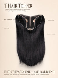 Hair topper system display with dark hair and visible clips and underside panels.