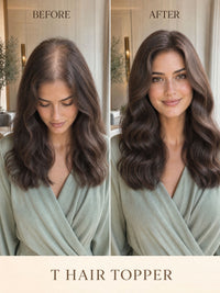 Hair topper on model in soft daylight, adding fuller wavy hair for a blended look.