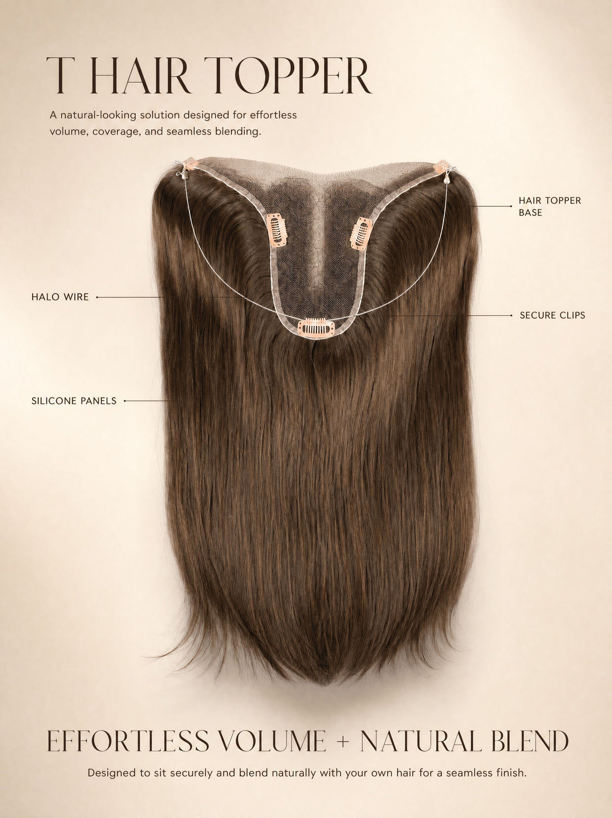 Hair topper system shown with medium-brown hair and secure clips on base.