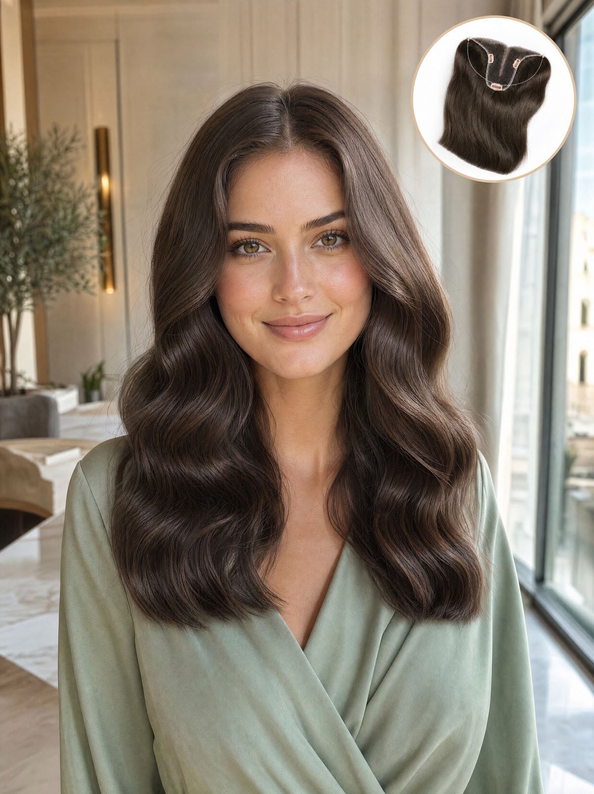 Hair topper on model with dark brown, loose waves and natural volume.