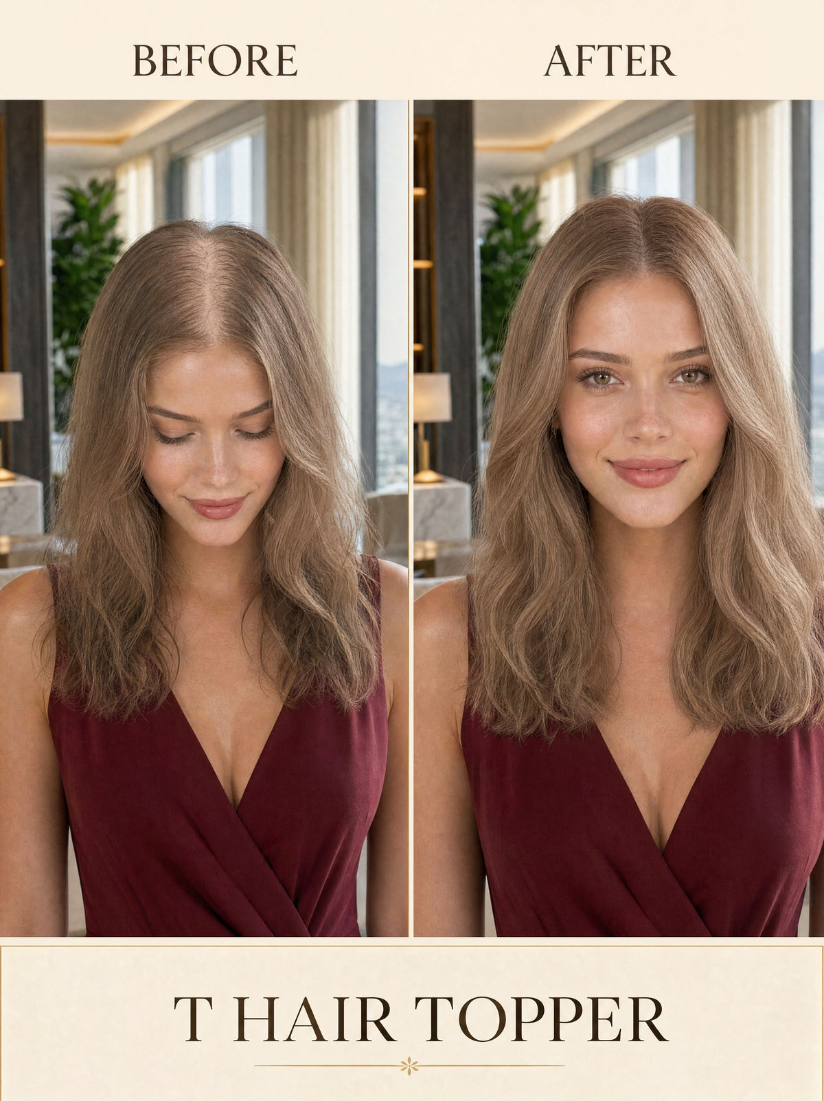 Hair topper worn by model, shoulder-length blonde hair in loose waves.