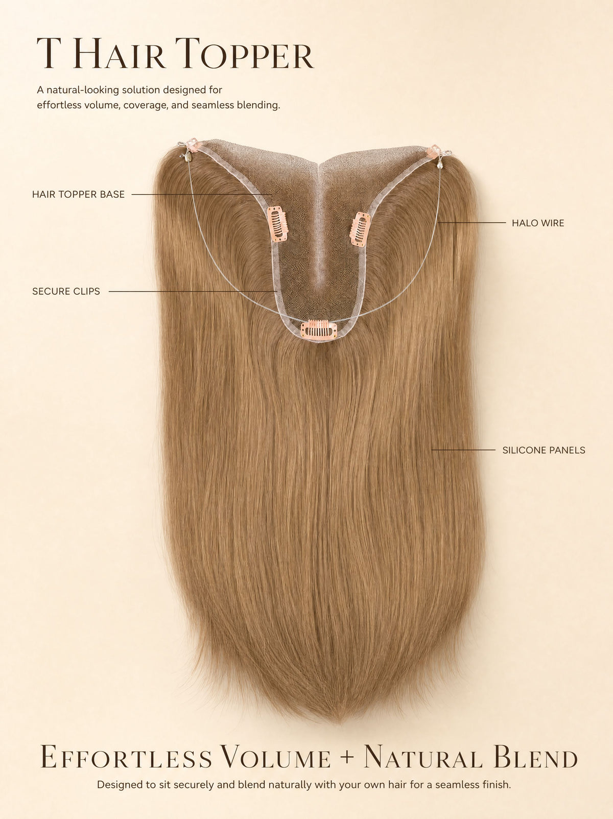 Hair topper base with halo wire and silicone panels, natural light-blonde hair.
