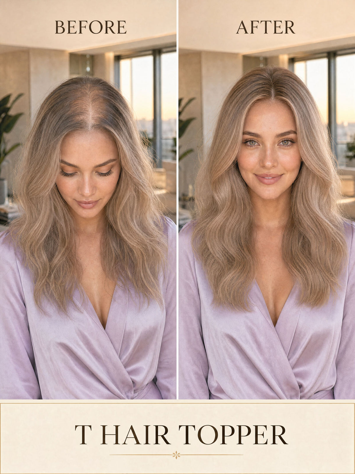 Blonde hair topper styled in long waves on a model