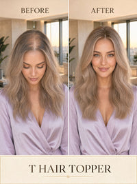 Blonde hair topper styled in long waves on a model