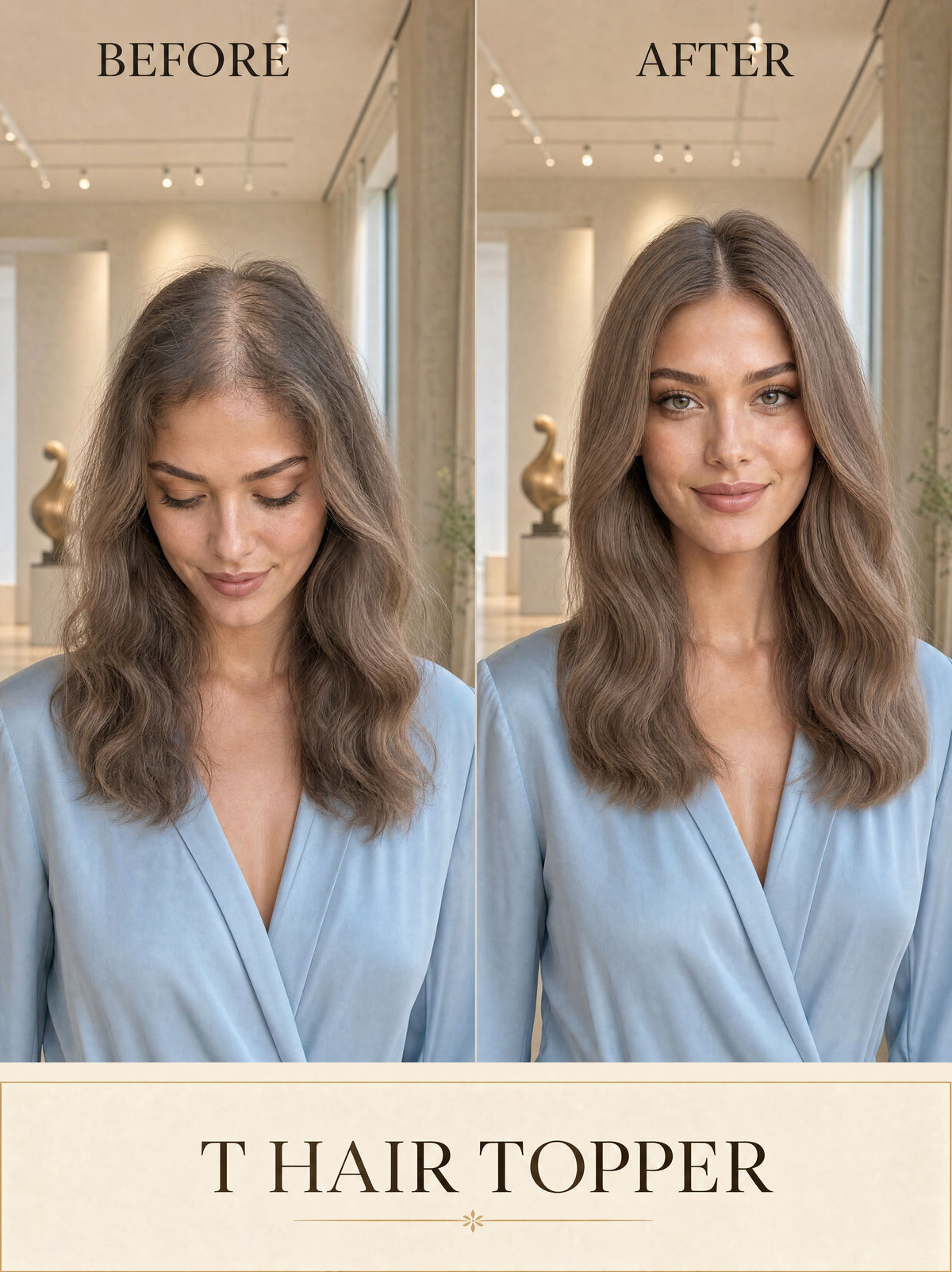 Hair topper styling: fuller, natural wavy medium-brown hair on a model.