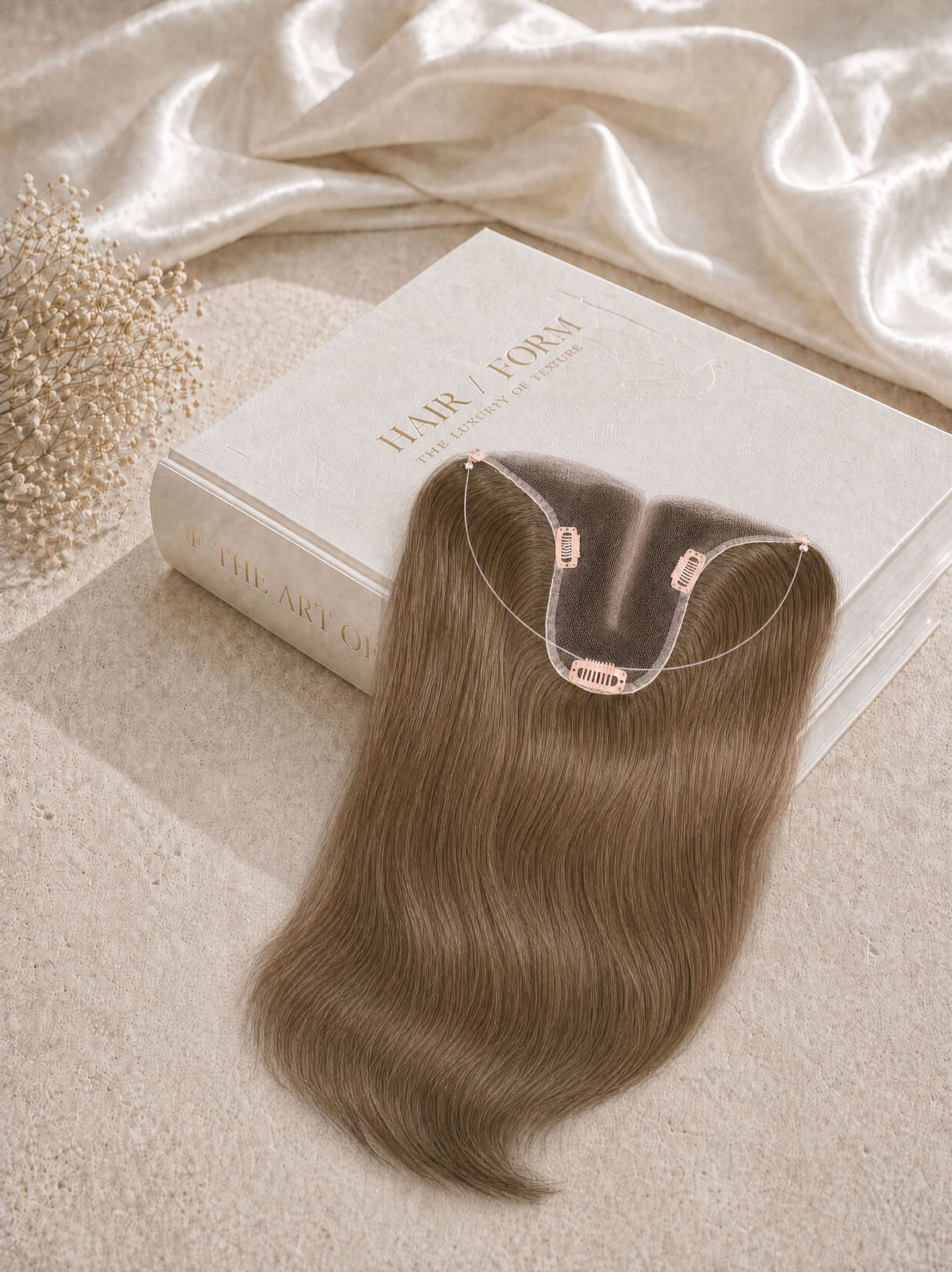 T Hair Topper hair extension with halo wire clips, long dark brown hair topper.
