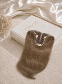 T Hair Topper hair extension with halo wire clips, long dark brown hair topper.