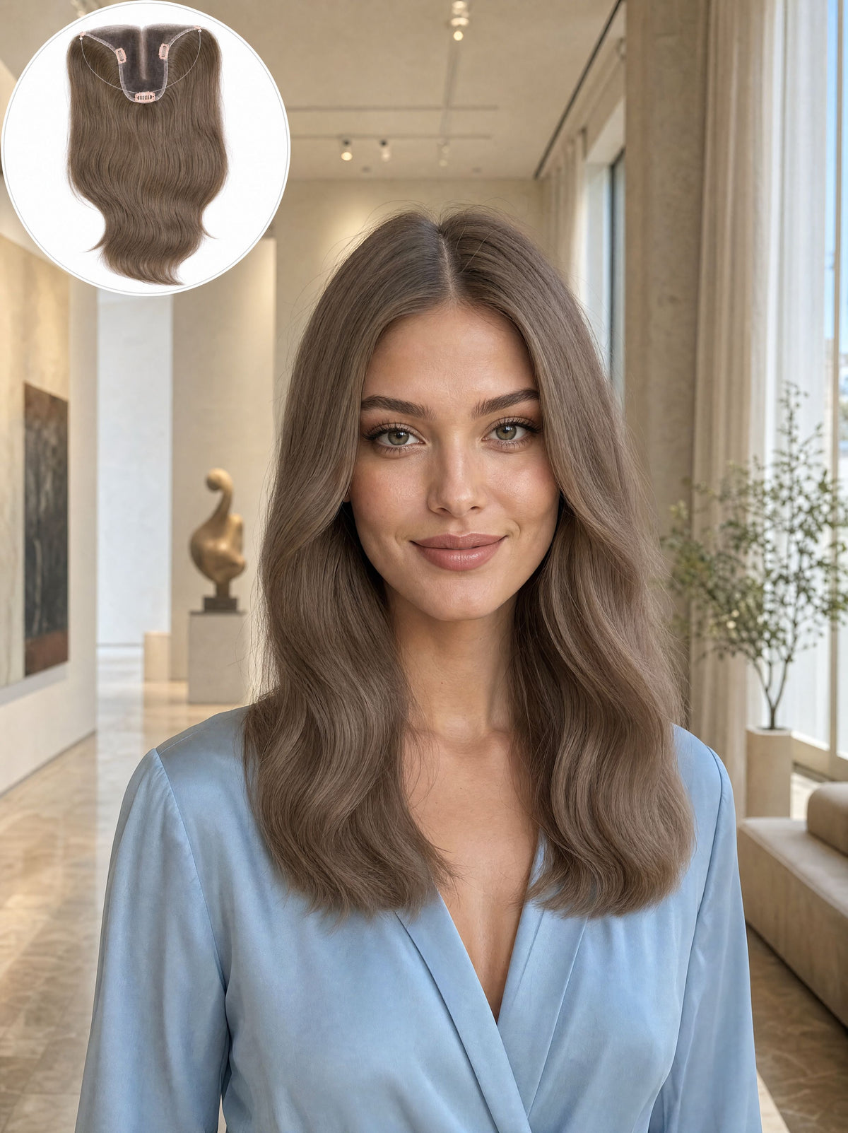 Worn T Hair Topper on model: long wavy medium-brown hair with a soft side part.