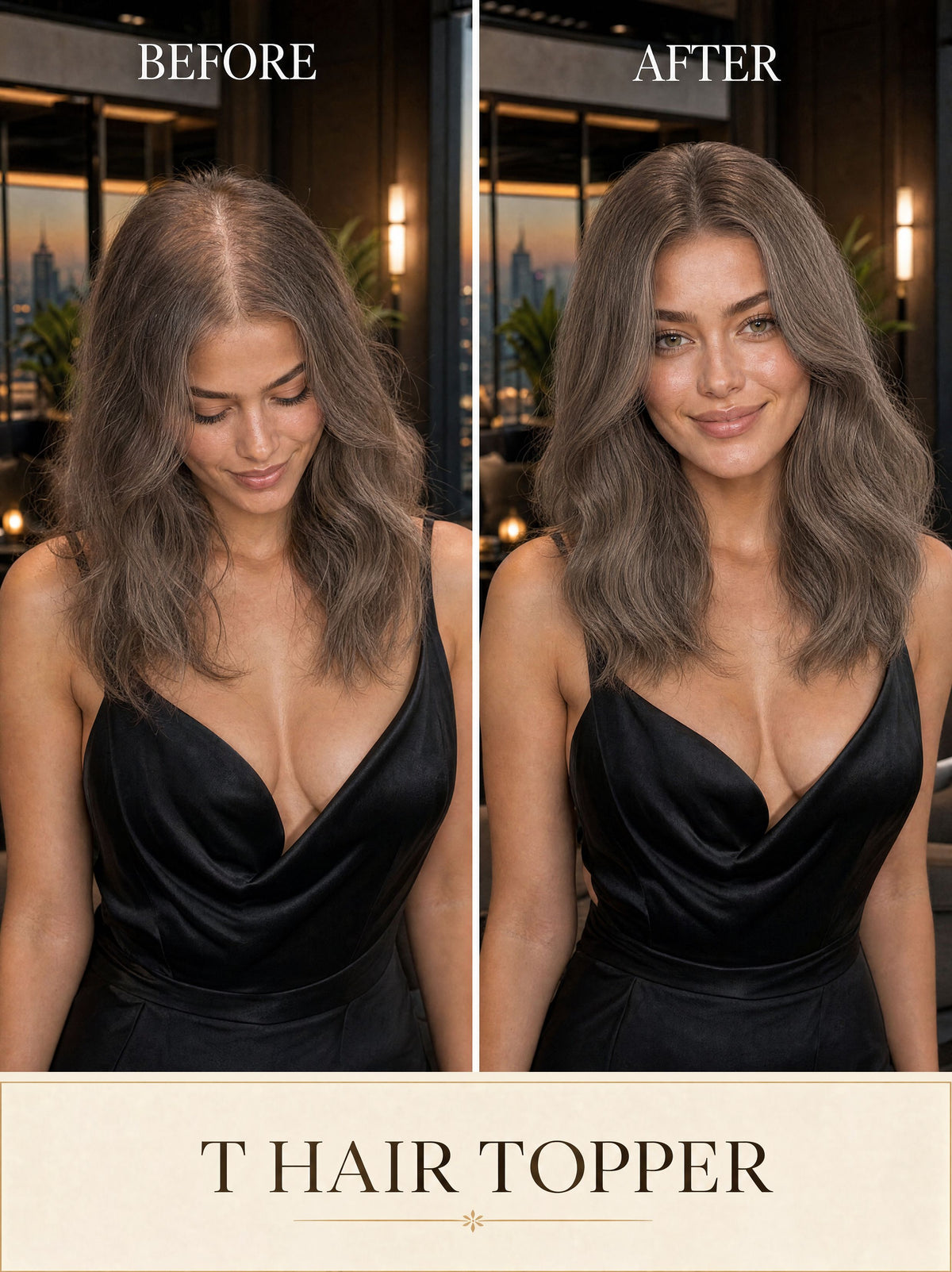 Dark blonde hair topper styled smooth on a model in a black dress
